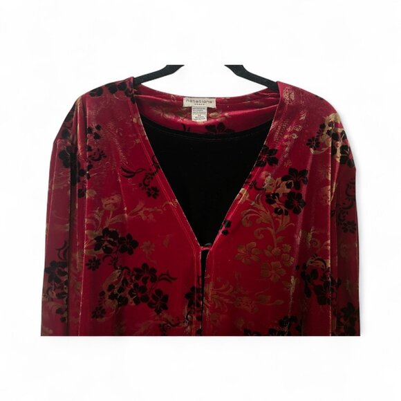 Womens 3X Blouse Floral Faux Suede Layered Burgundy Red Black Tank Stretch Flowy - Picture 2 of 12